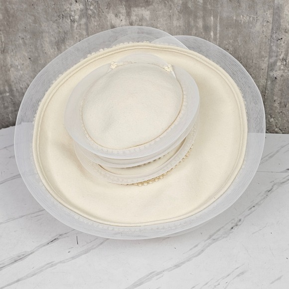Vintage Church Hat Cream Formal Dress Hat Pearl Beaded Wedding Party - Picture 5 of 13